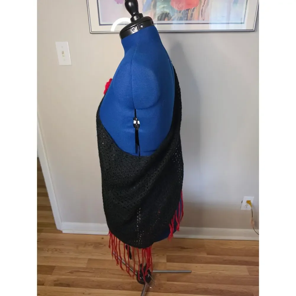 Mohair Blend Black Fringe Poncho Shawl Red Crochet Rose One Size Boho